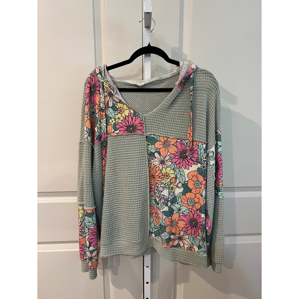 BiBi Sage Floral Patchwork Waffle Knit Hoodie Boho Long Sleeve Top - Picture 2 of 6